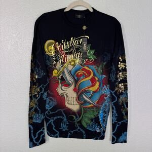 Christian Audigier Shirt Men Small Skull Dagger Rhinestone Y2K Tee Tattoo NEW